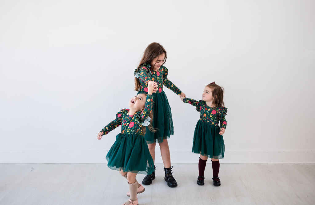 Moody Flowers Long Sleeve Tulle Dress