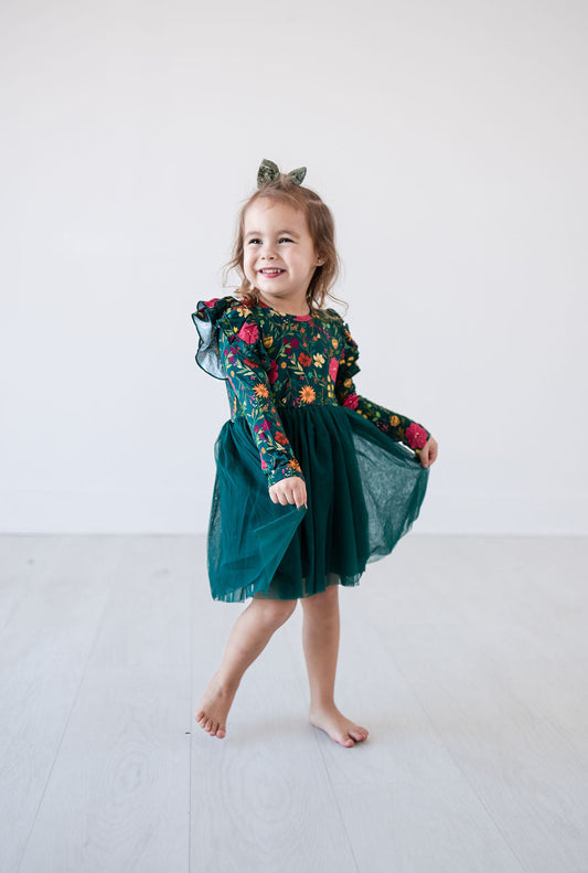 Moody Flowers Long Sleeve Tulle Dress