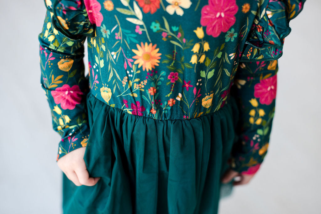 Moody Flowers Long Sleeve Tulle Dress