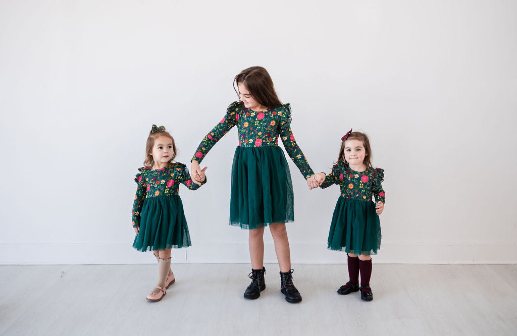 Moody Flowers Long Sleeve Tulle Dress