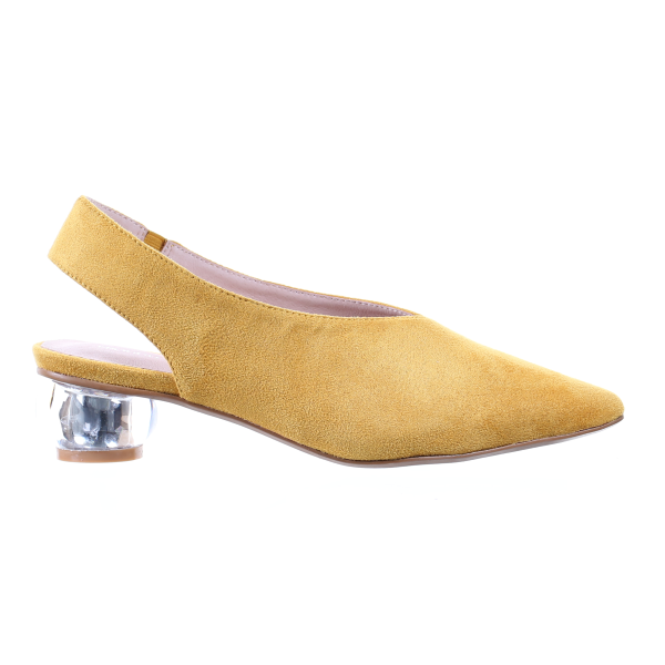 Mustard Suede Pointed Toe Pumps with Clear Heel