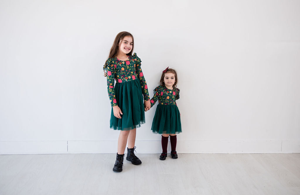 Moody Flowers Long Sleeve Tulle Dress