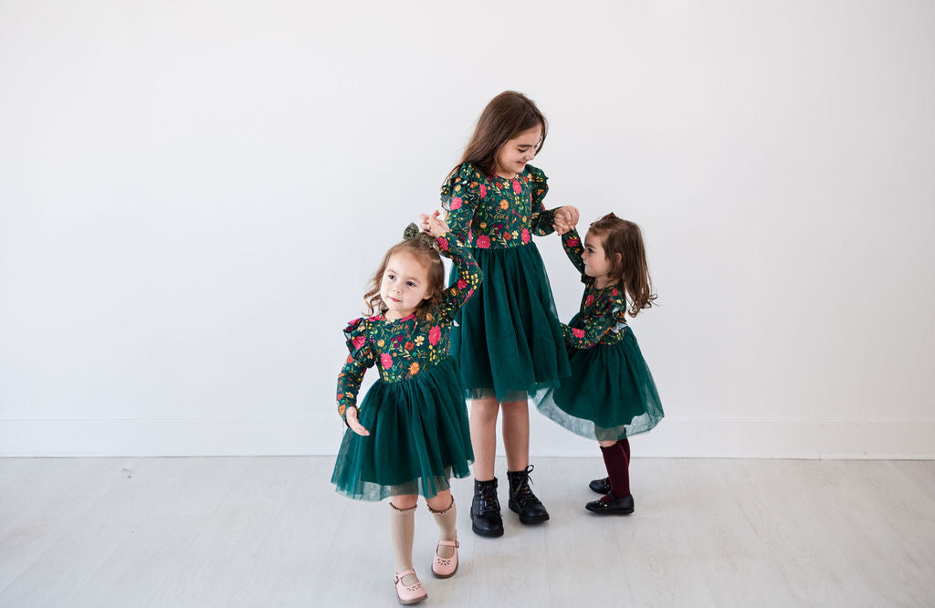 Moody Flowers Long Sleeve Tulle Dress