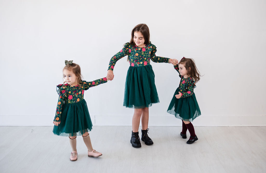 Moody Flowers Long Sleeve Tulle Dress