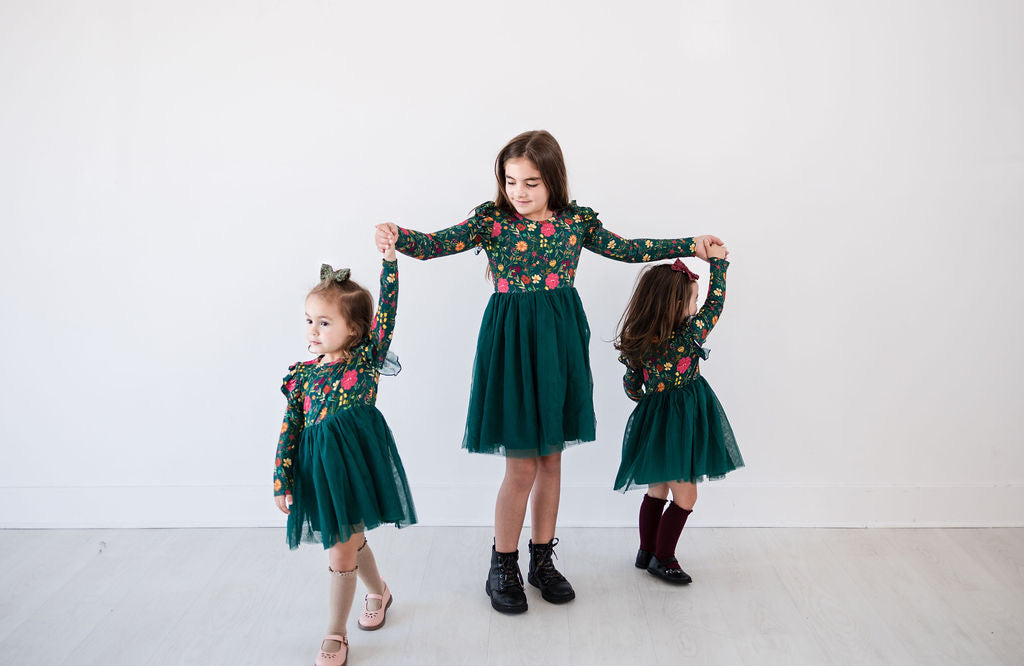 Moody Flowers Long Sleeve Tulle Dress