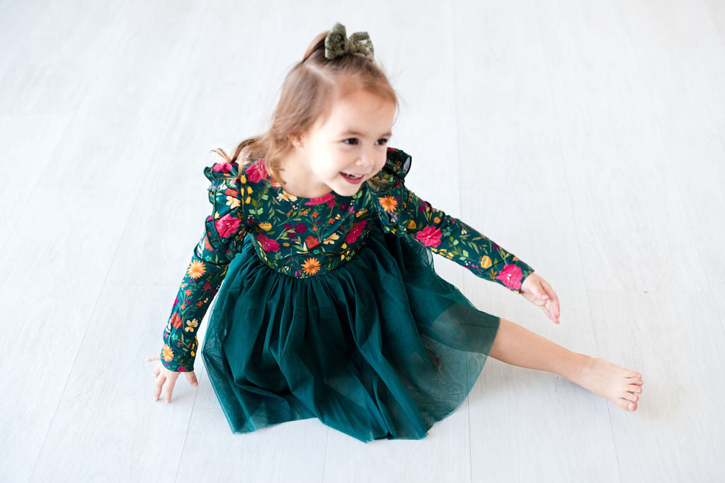 Moody Flowers Long Sleeve Tulle Dress