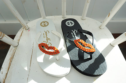 Lips Red Crystal Embroidered Flip Flop Sandals for Big Girls