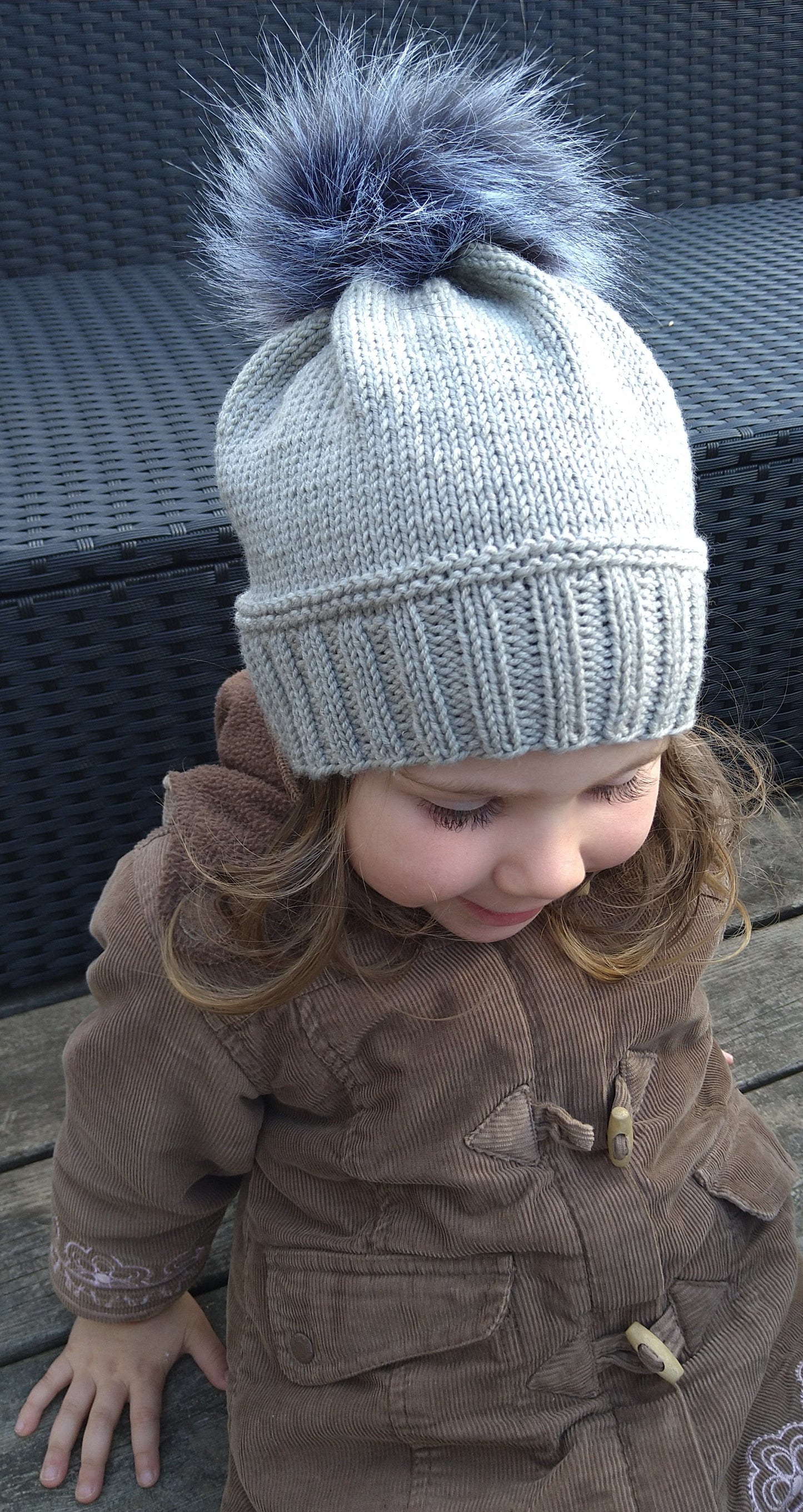 Gray Knitted Hat with Pom Pom