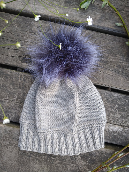 Gray Knitted Hat with Pom Pom