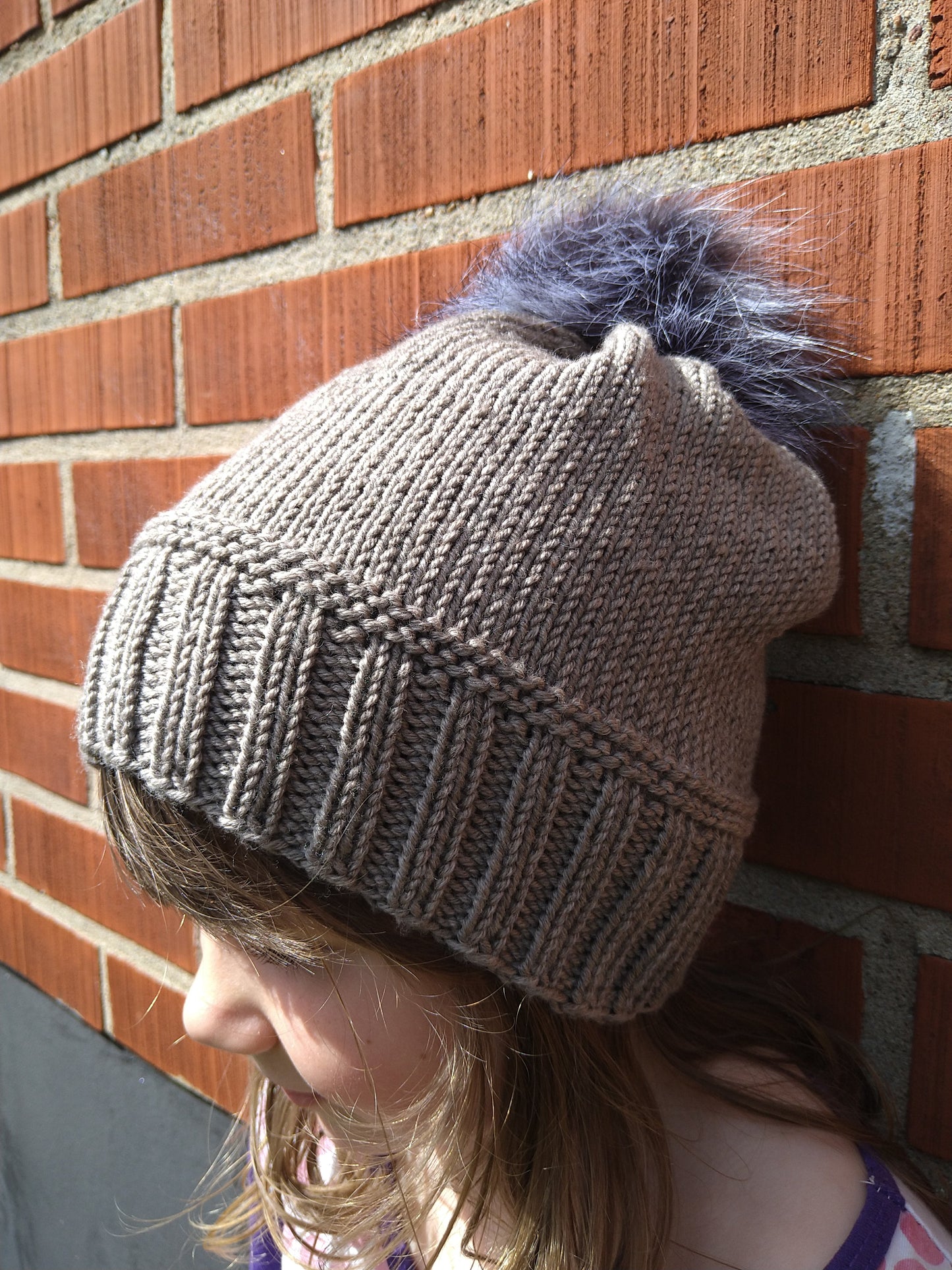 Light Brown Knitted Hat with Pom Pom