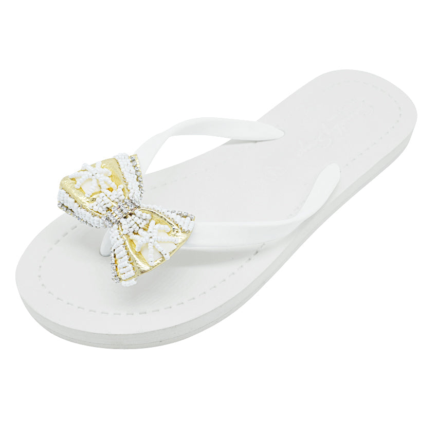 Gold & Pearl Bow Flat Flip Flops with Rhinestone Accents