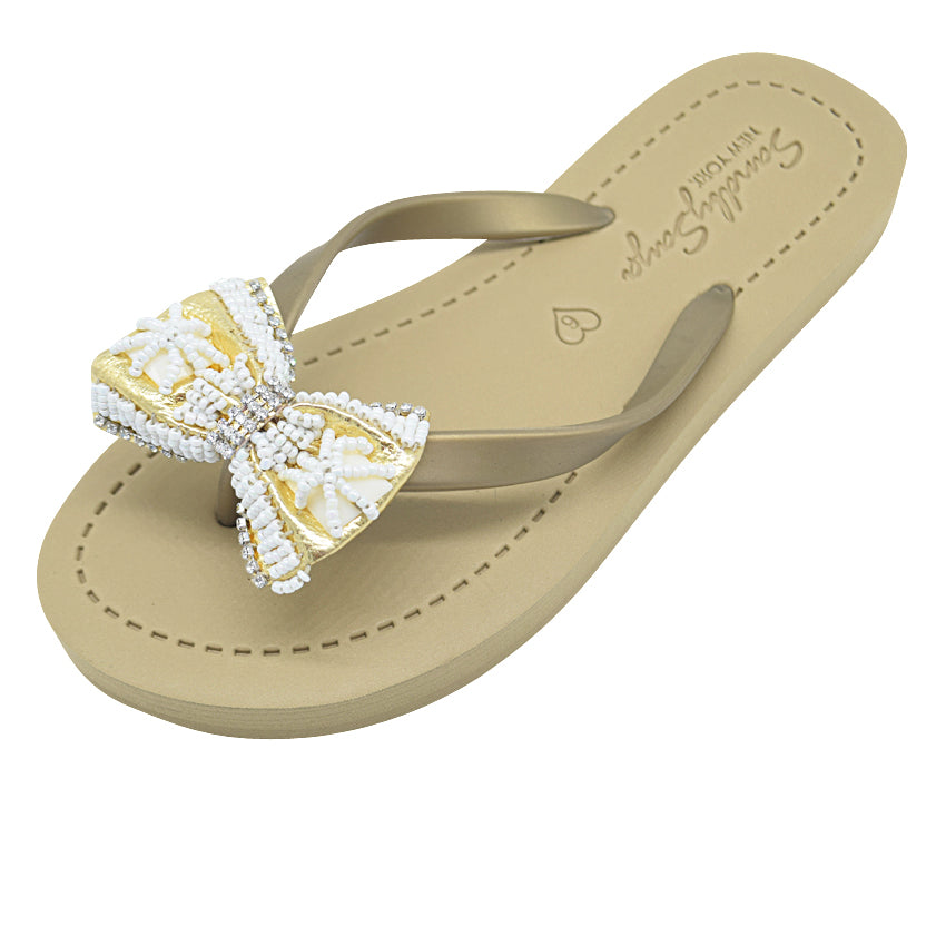 Gold & Pearl Bow Flat Flip Flops with Rhinestone Accents