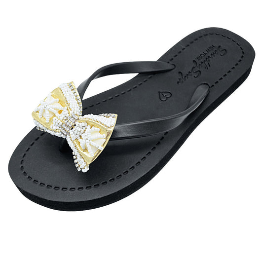 Gold & Pearl Bow Flat Flip Flops with Rhinestone Accents