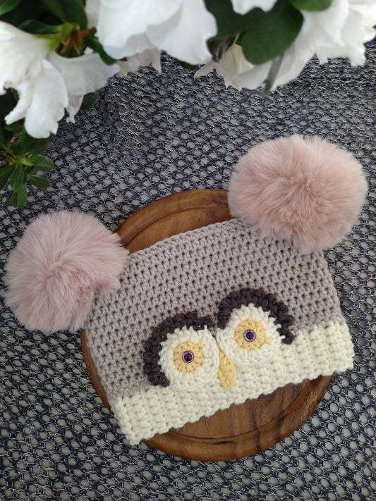 Rustic Owl Baby Hat with Pompoms