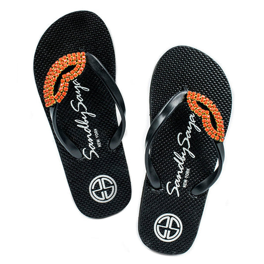 Lips Red Crystal Embroidered Flip Flop Sandals for Big Girls