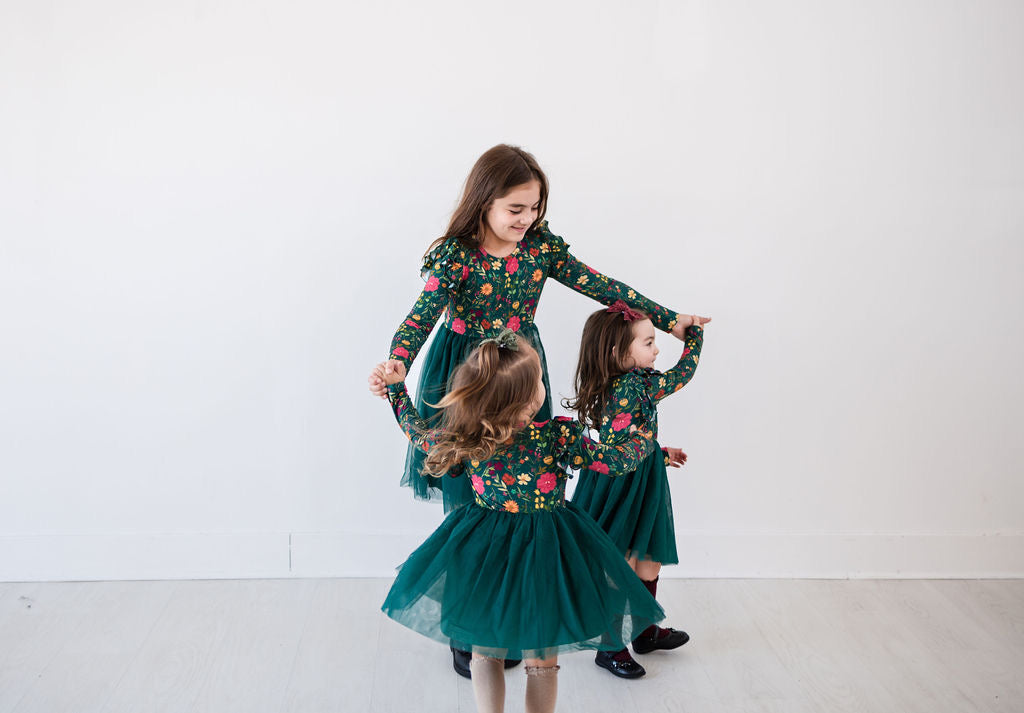 Moody Flowers Long Sleeve Tulle Dress