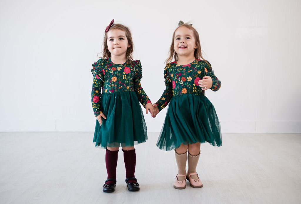 Moody Flowers Long Sleeve Tulle Dress