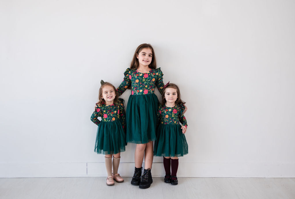 Moody Flowers Long Sleeve Tulle Dress