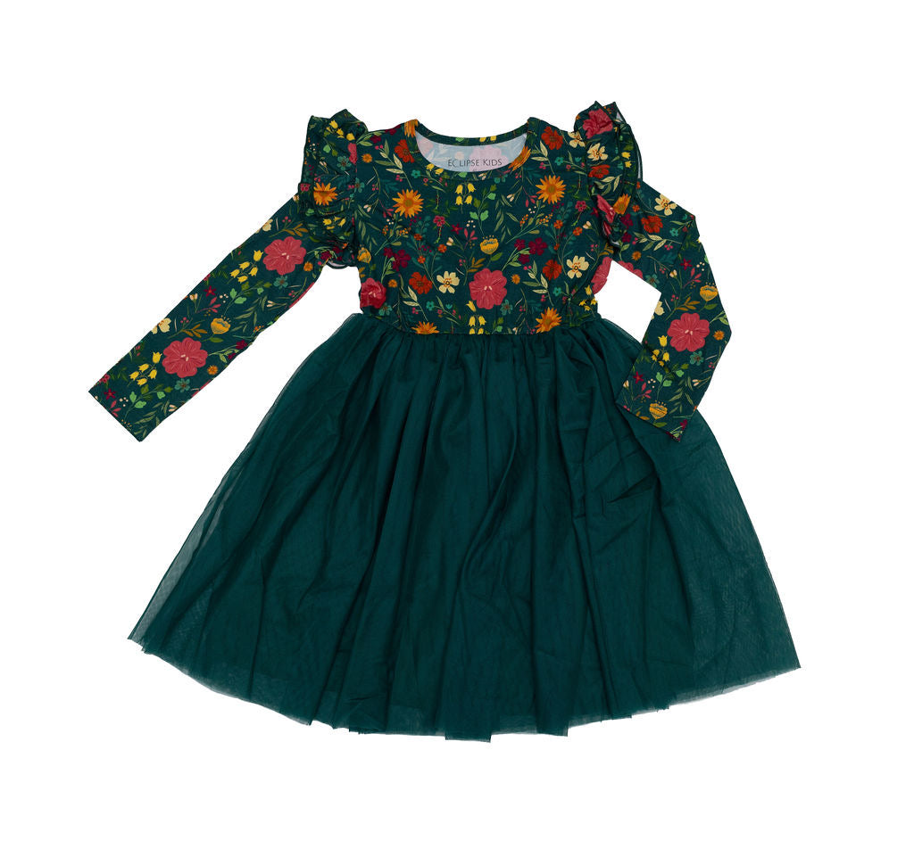 Moody Flowers Long Sleeve Tulle Dress