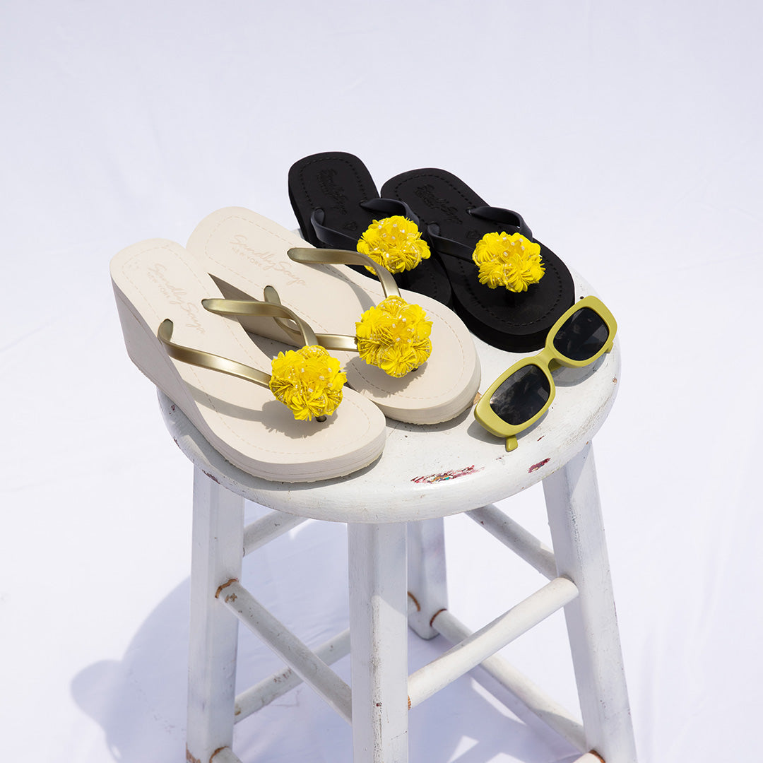 Noho Yellow Flower Sequin Embroidered Flat Sandals