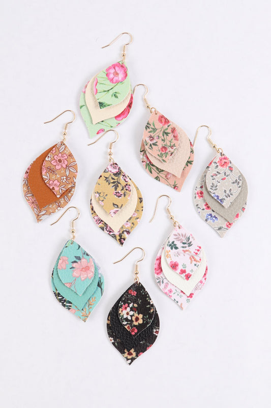 Floral Leather Marquise Drop Earrings