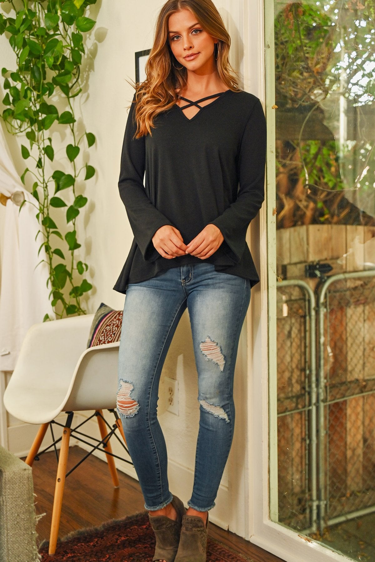 Women’s Crisscross Neck Hacci Top – Long Sleeve Casual Wear