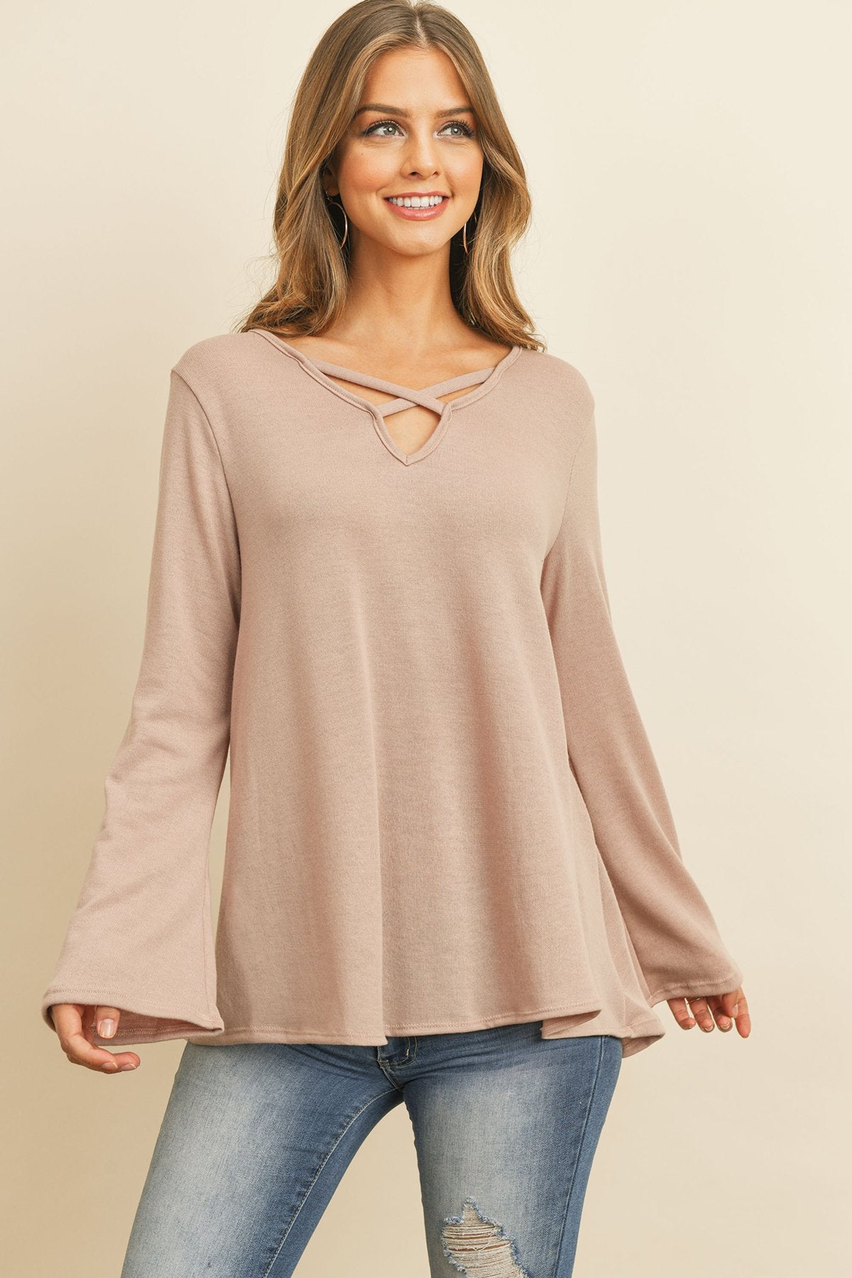 Women’s Crisscross Neck Hacci Top – Long Sleeve Casual Wear