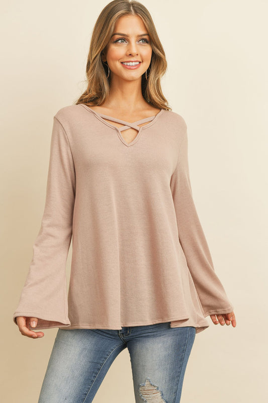 Women’s Crisscross Neck Hacci Top – Long Sleeve Casual Wear