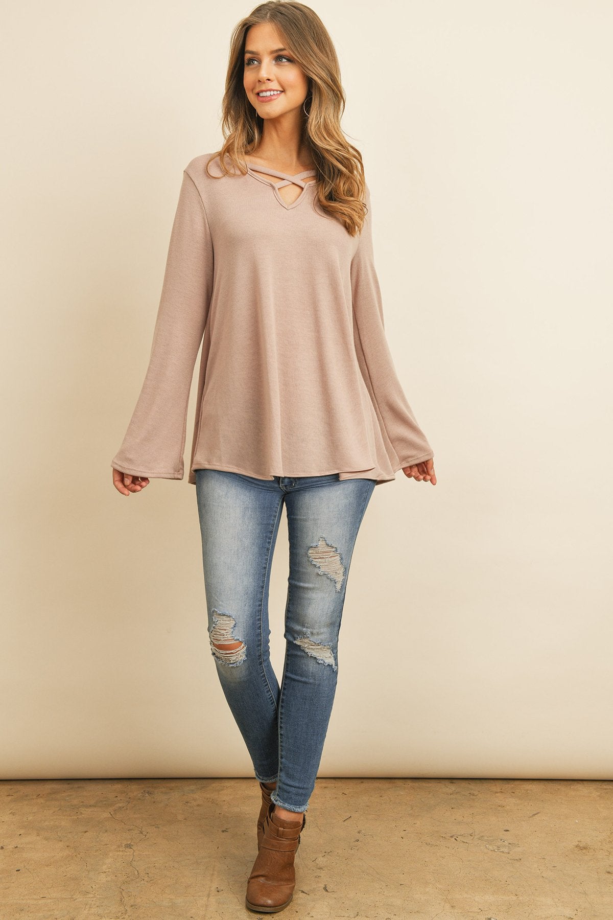 Women’s Crisscross Neck Hacci Top – Long Sleeve Casual Wear