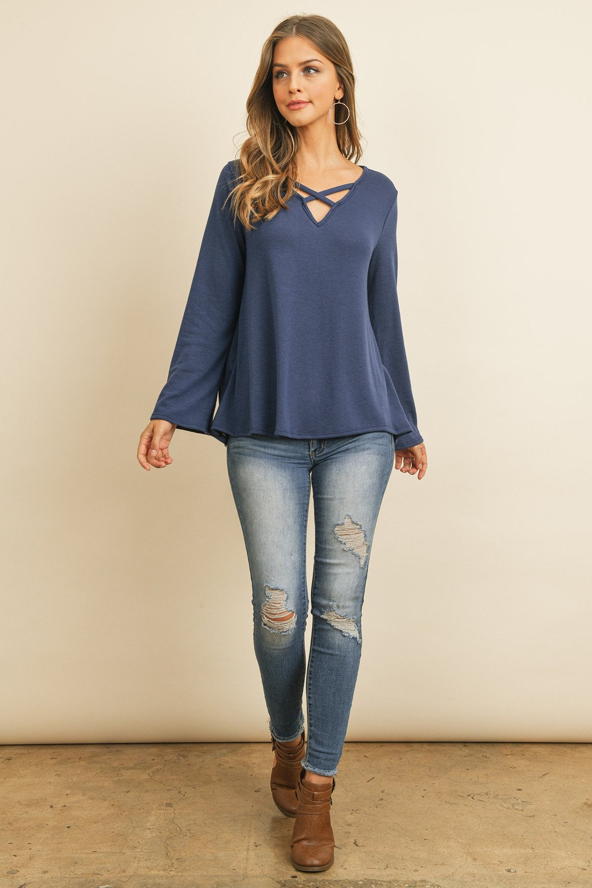 Women’s Crisscross Neck Hacci Top – Long Sleeve Casual Wear