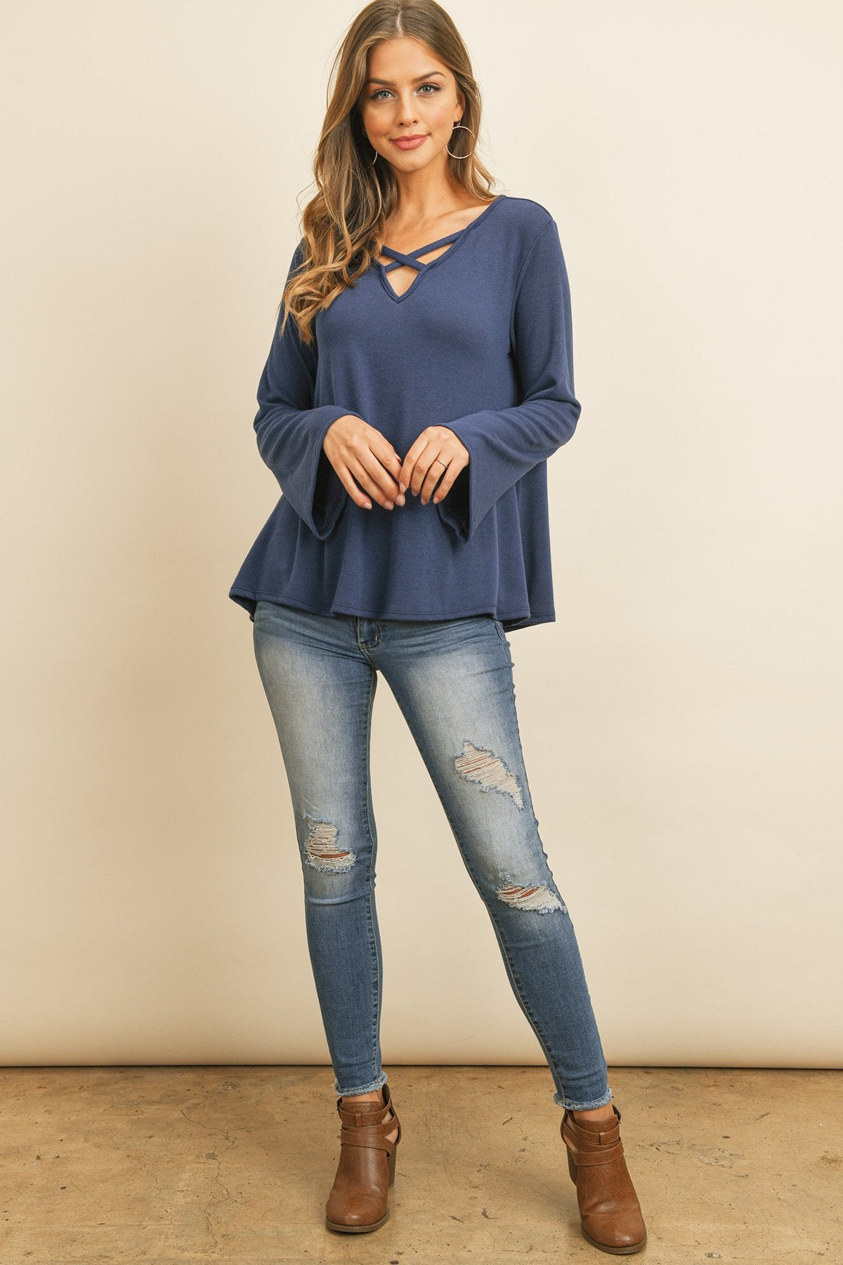 Women’s Crisscross Neck Hacci Top – Long Sleeve Casual Wear
