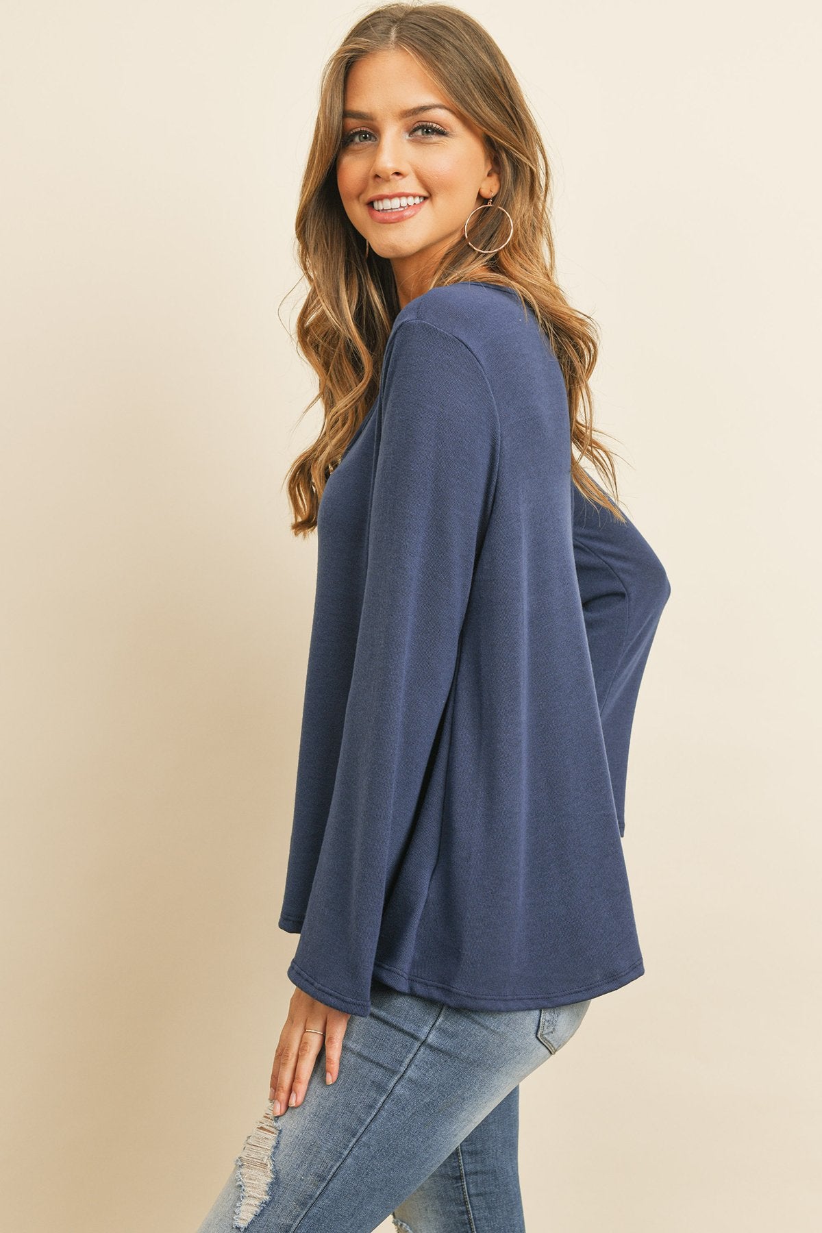 Women’s Crisscross Neck Hacci Top – Long Sleeve Casual Wear