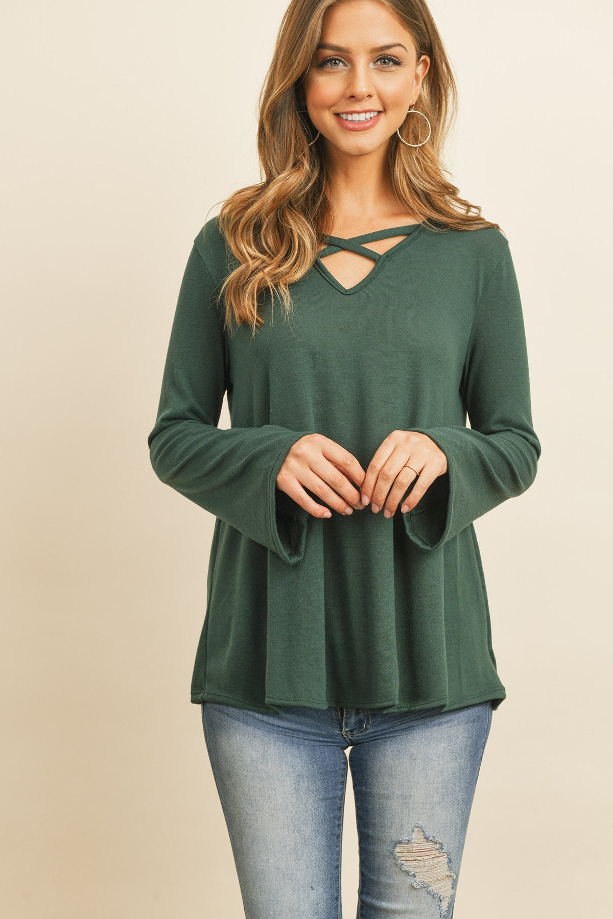 Women’s Crisscross Neck Hacci Top – Long Sleeve Casual Wear