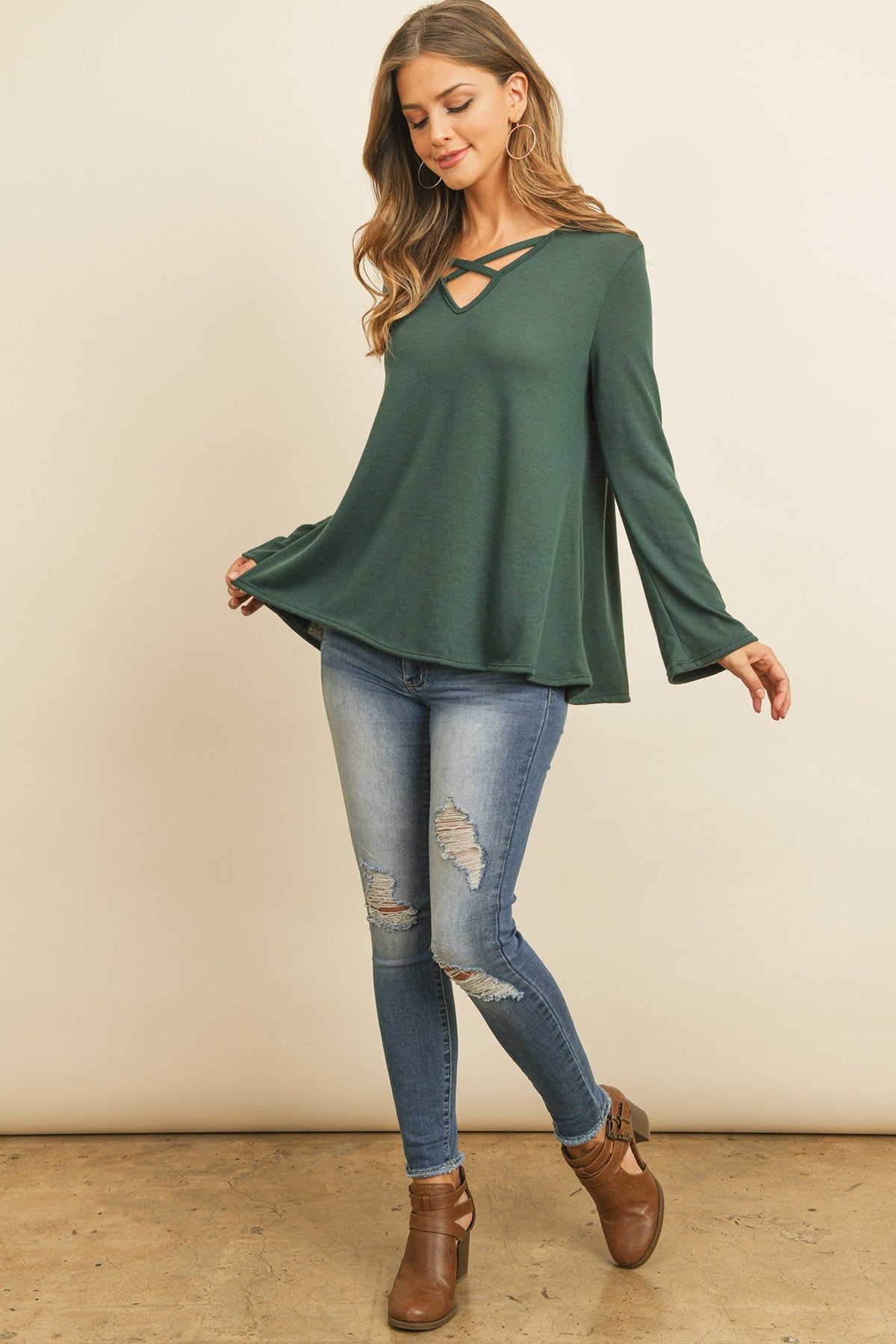 Women’s Crisscross Neck Hacci Top – Long Sleeve Casual Wear