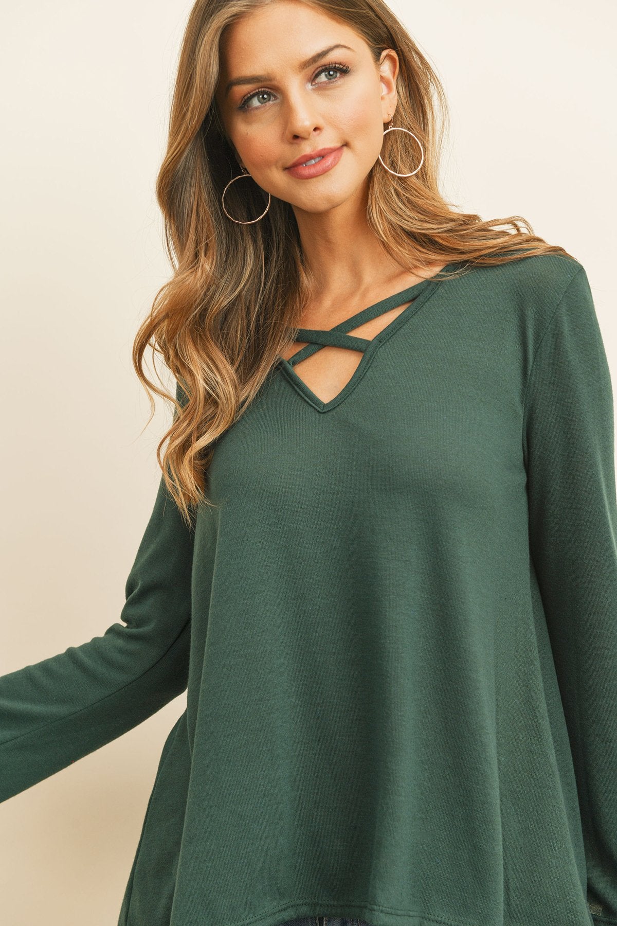 Women’s Crisscross Neck Hacci Top – Long Sleeve Casual Wear