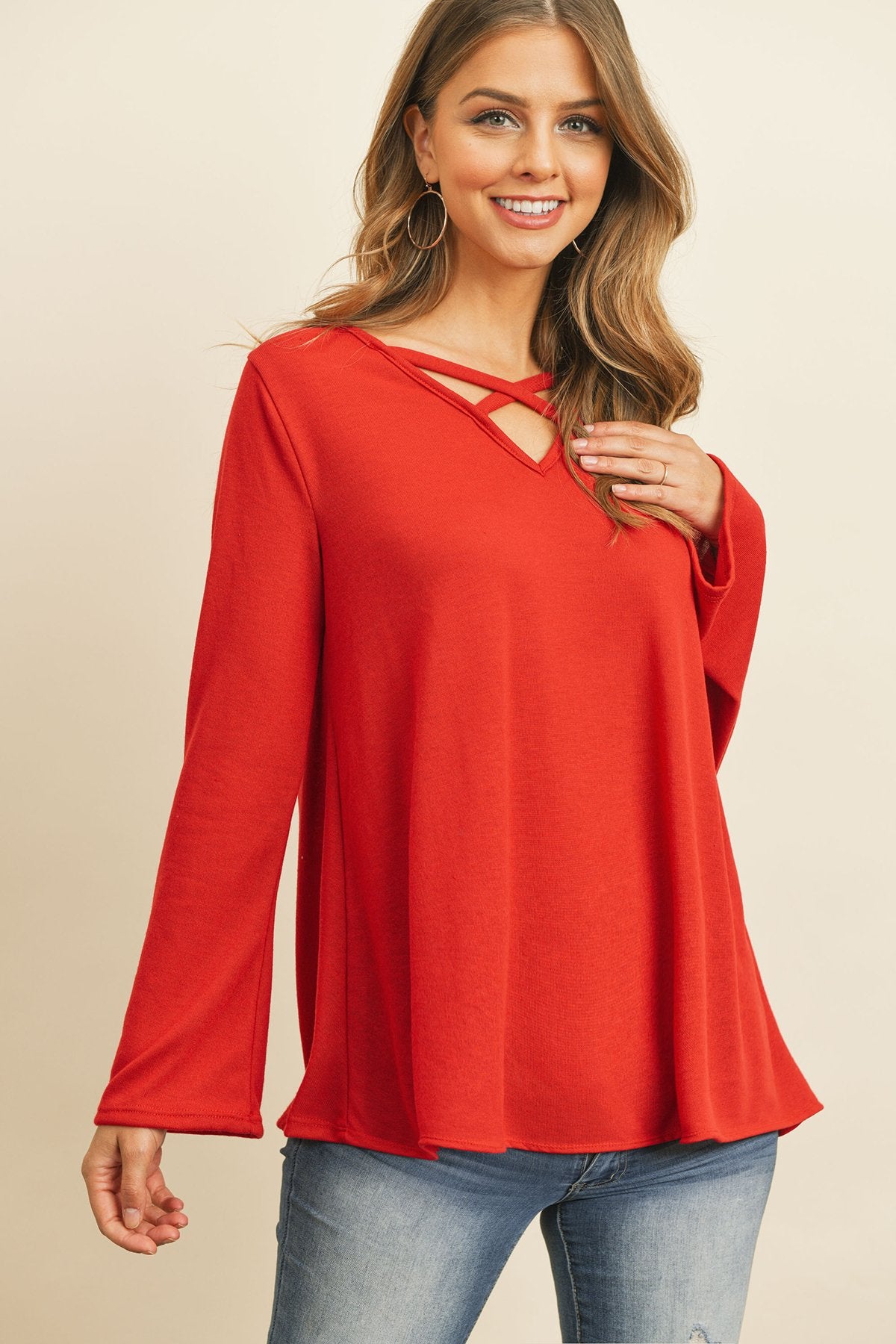 Women’s Crisscross Neck Hacci Top – Long Sleeve Casual Wear