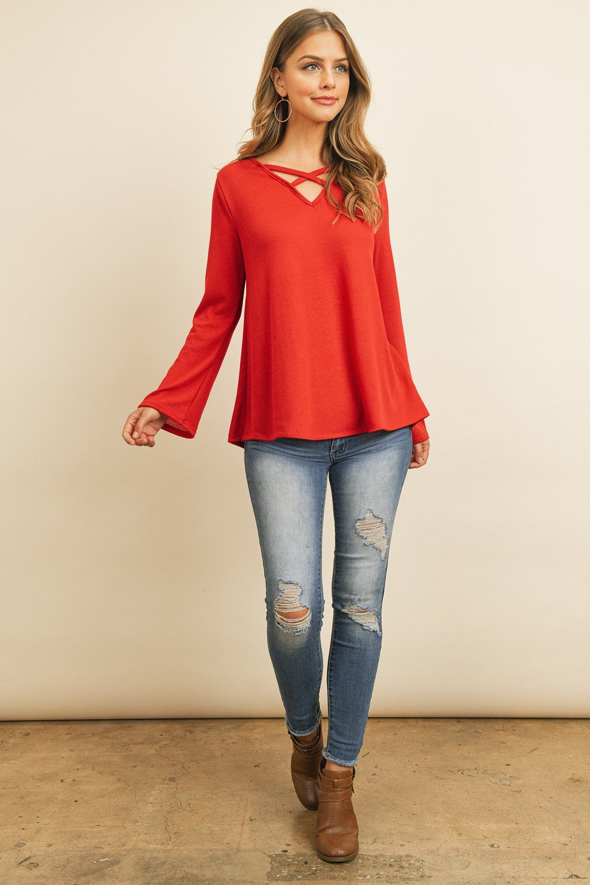 Women’s Crisscross Neck Hacci Top – Long Sleeve Casual Wear