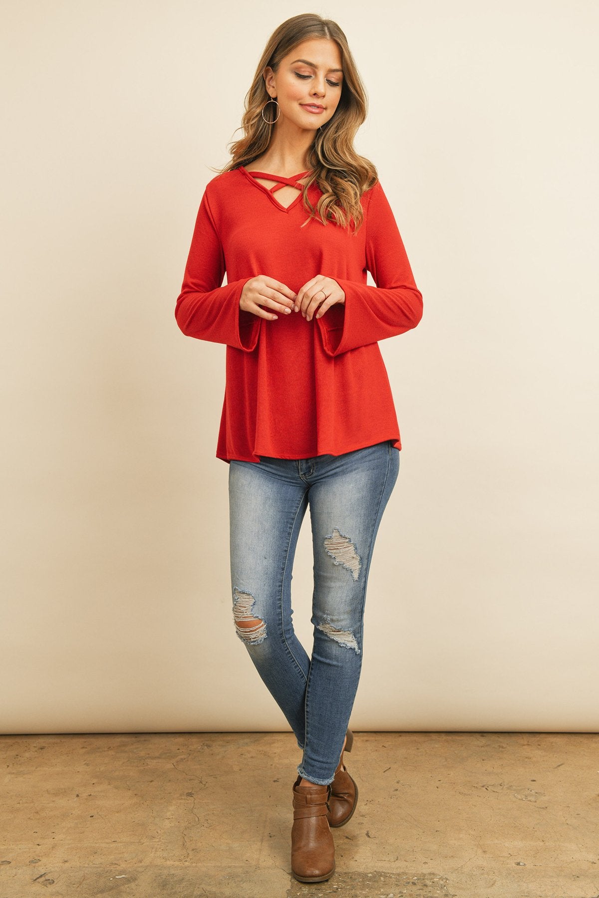 Women’s Crisscross Neck Hacci Top – Long Sleeve Casual Wear