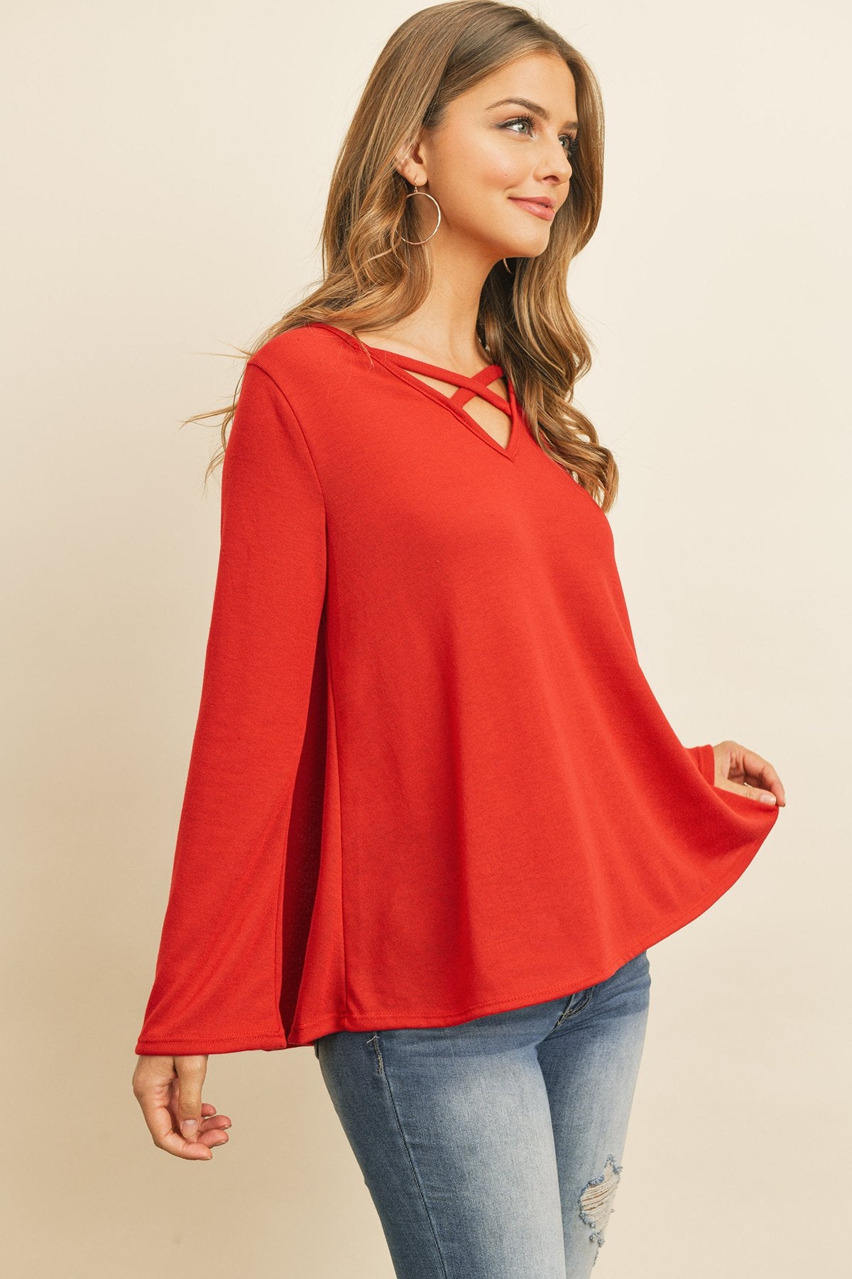 Women’s Crisscross Neck Hacci Top – Long Sleeve Casual Wear