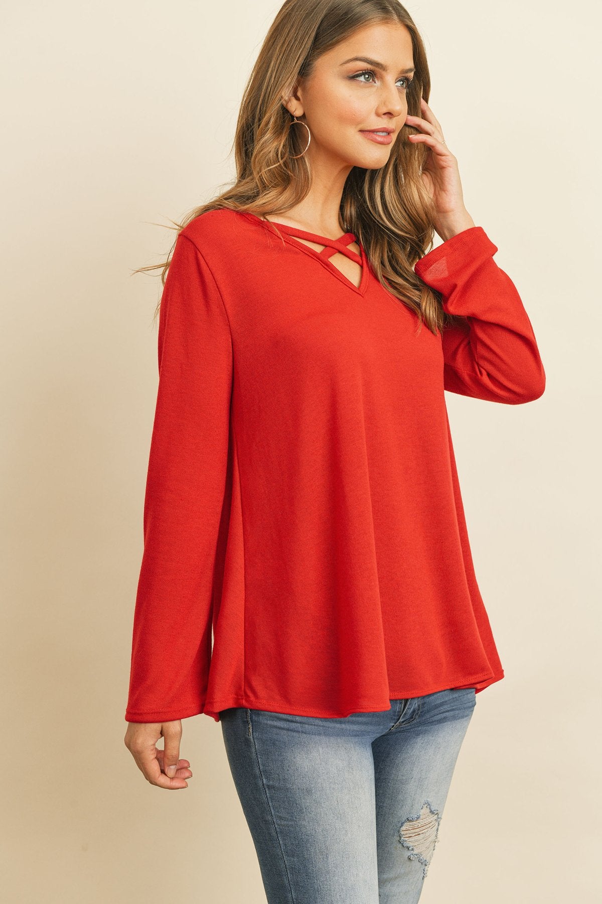 Women’s Crisscross Neck Hacci Top – Long Sleeve Casual Wear