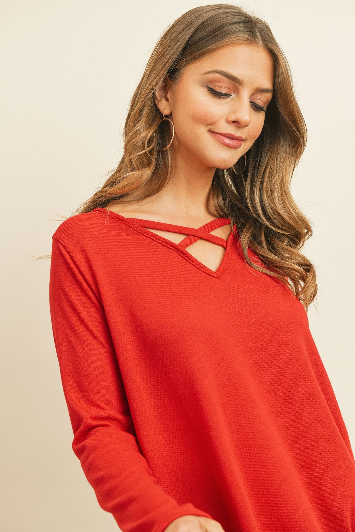 Women’s Crisscross Neck Hacci Top – Long Sleeve Casual Wear