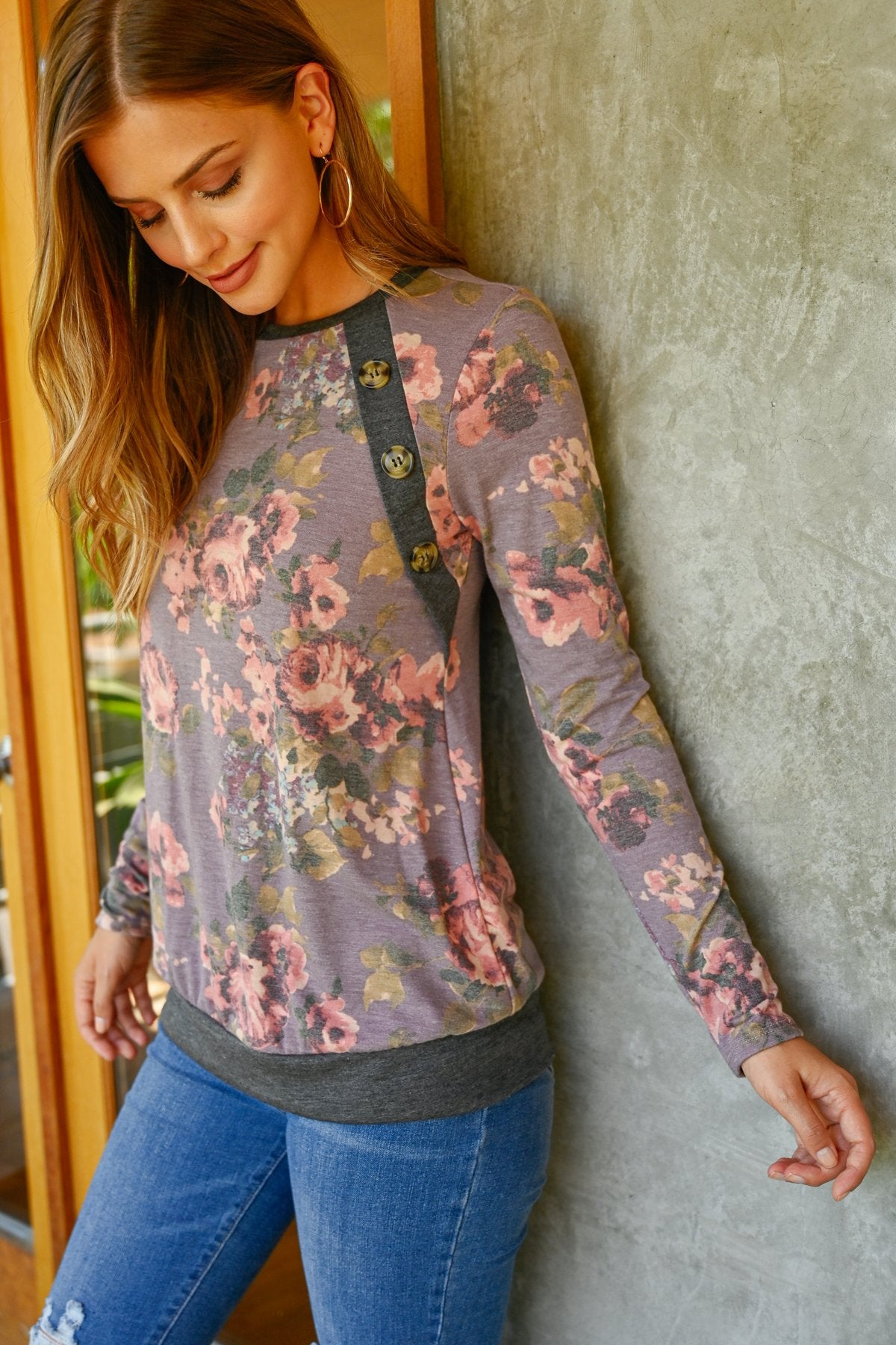 Women’s Floral Print Top – Long Sleeve with Button Detail