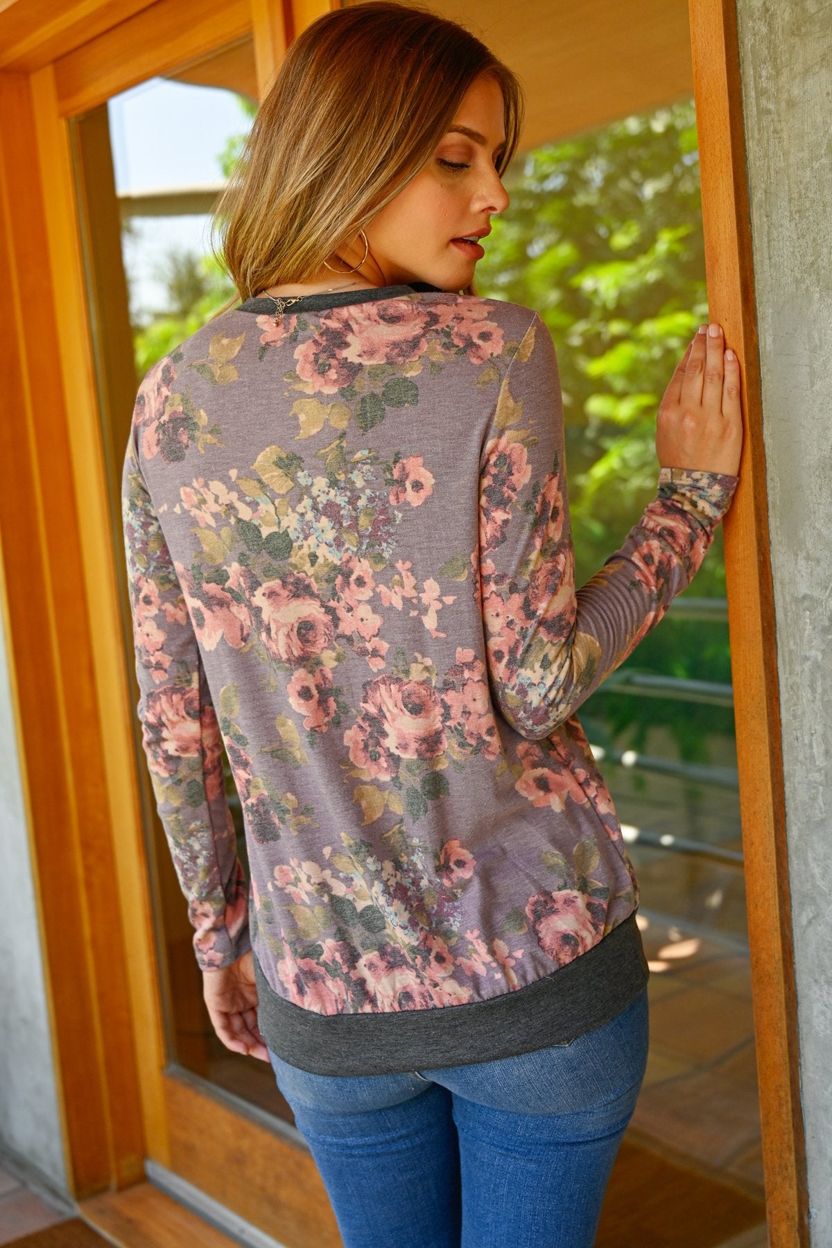 Women’s Floral Print Top – Long Sleeve with Button Detail