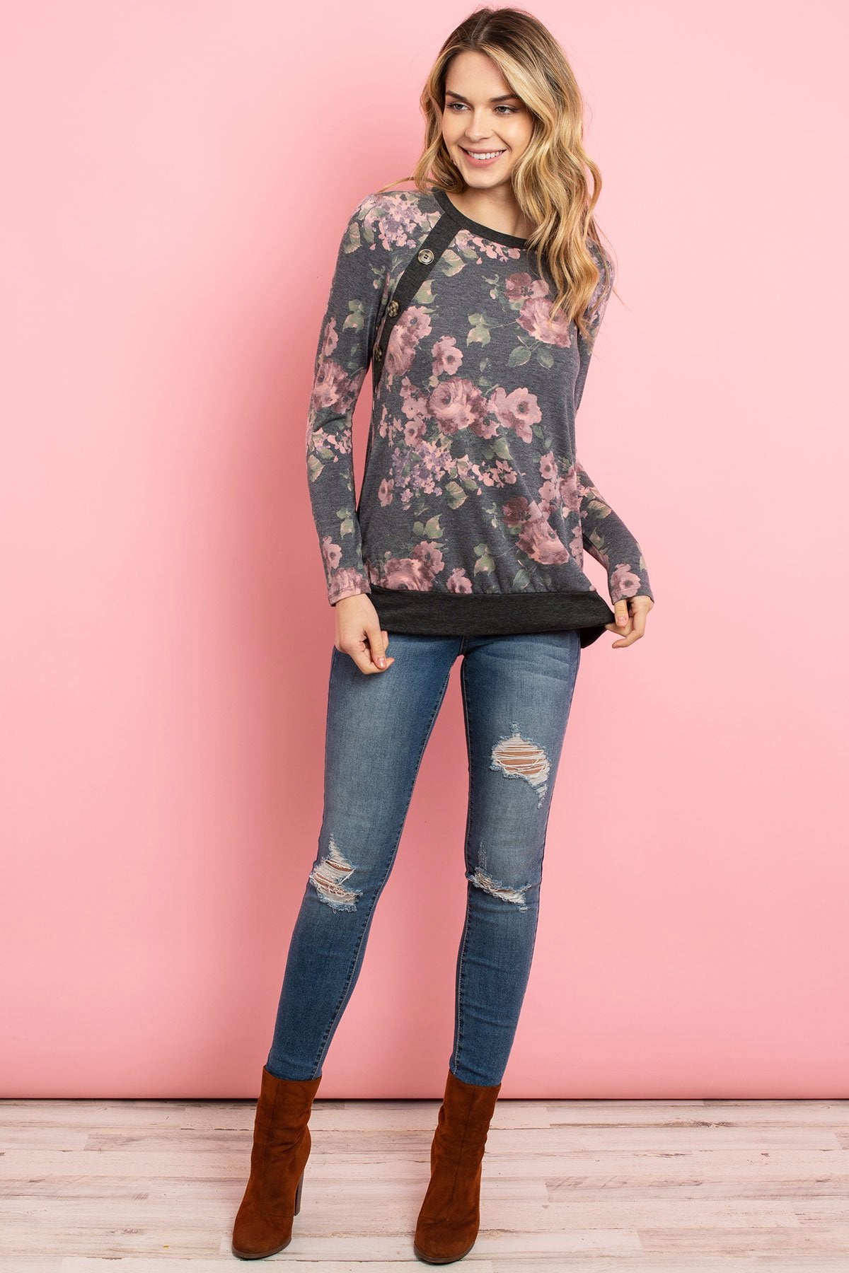 Women’s Floral Print Top – Long Sleeve with Button Detail