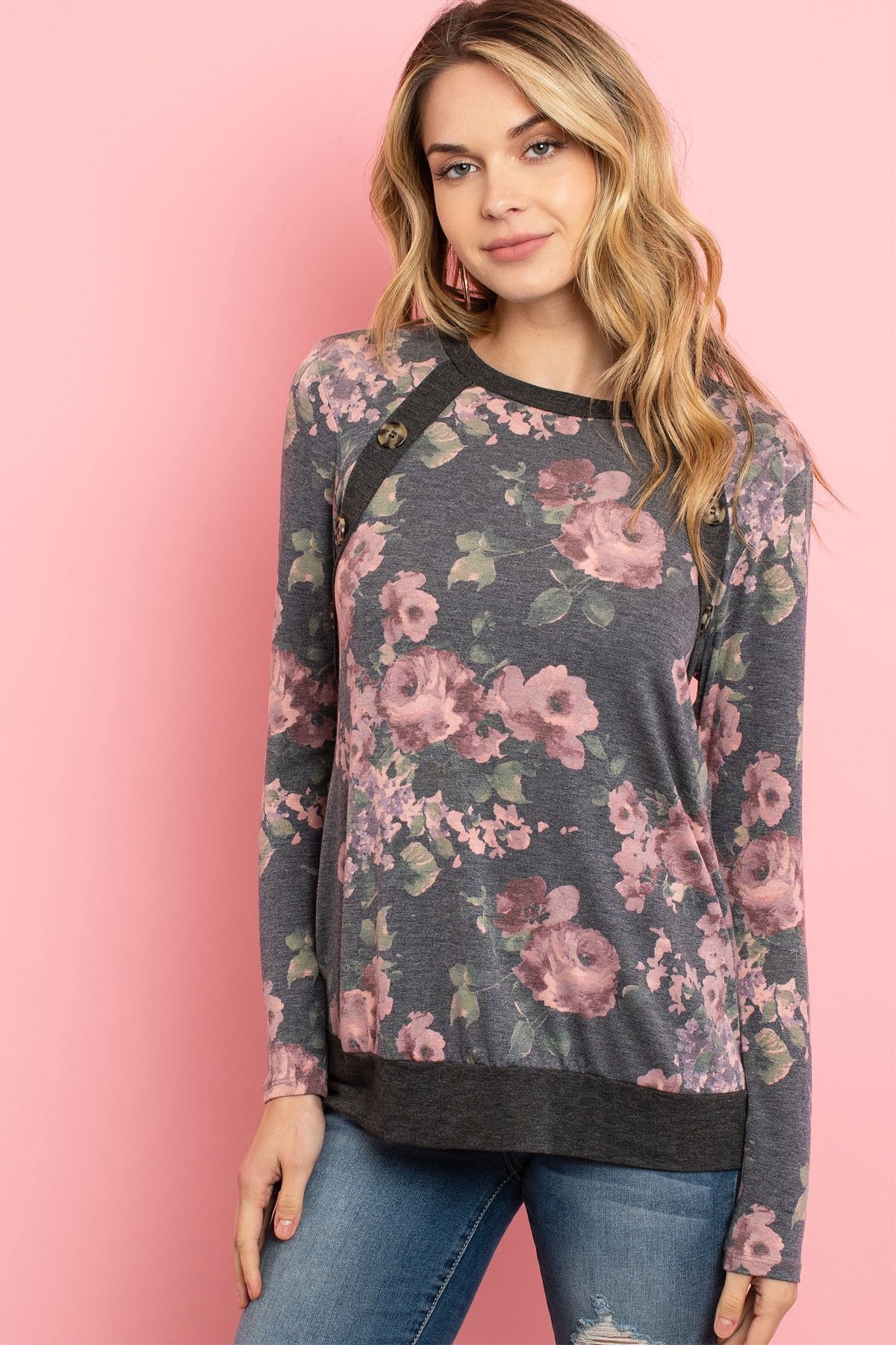Women’s Floral Print Top – Long Sleeve with Button Detail