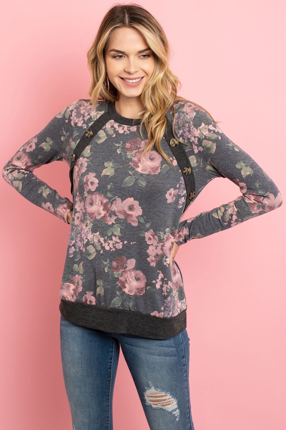 Women’s Floral Print Top – Long Sleeve with Button Detail