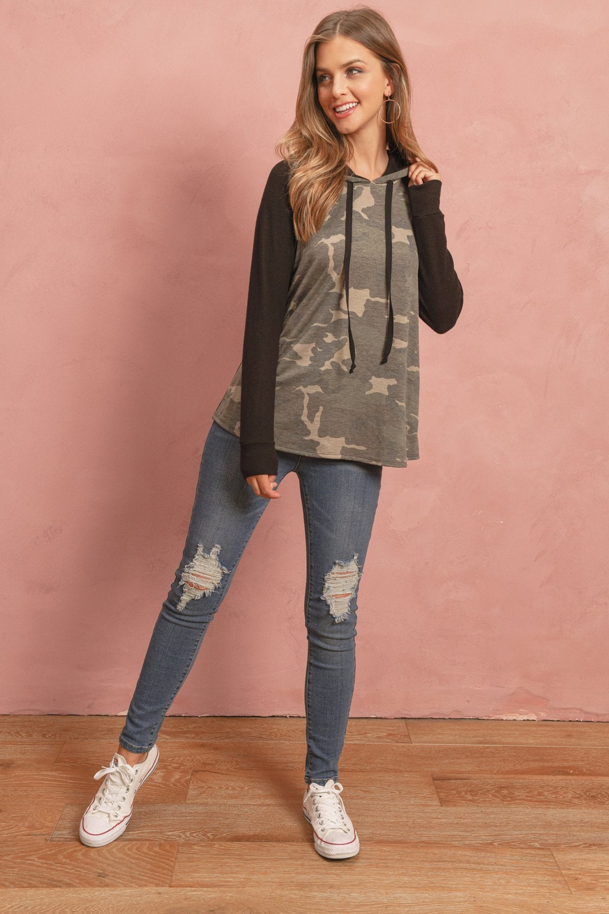 Camouflage Hacci Hoodie with Contrast Sleeves & Drawstrings