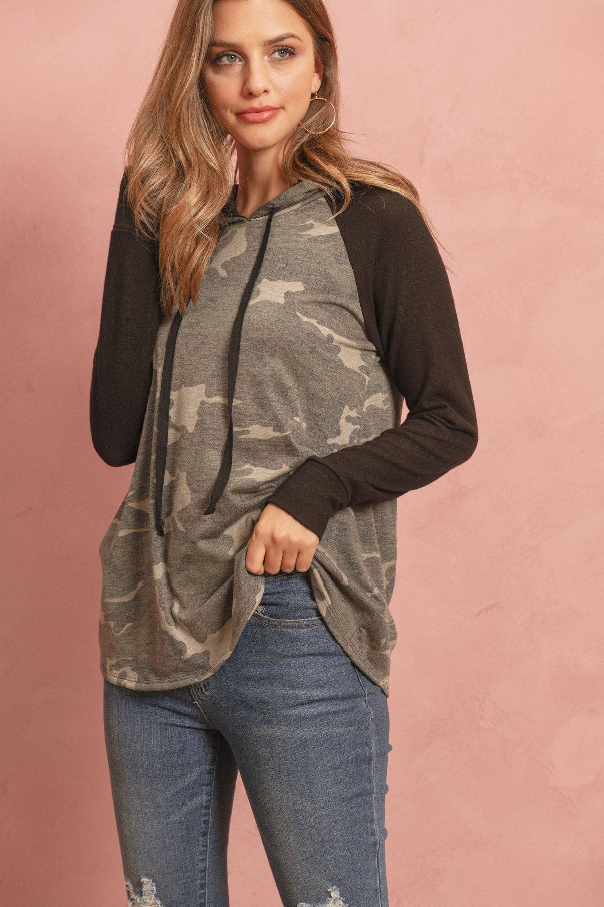 Camouflage Hacci Hoodie with Contrast Sleeves & Drawstrings