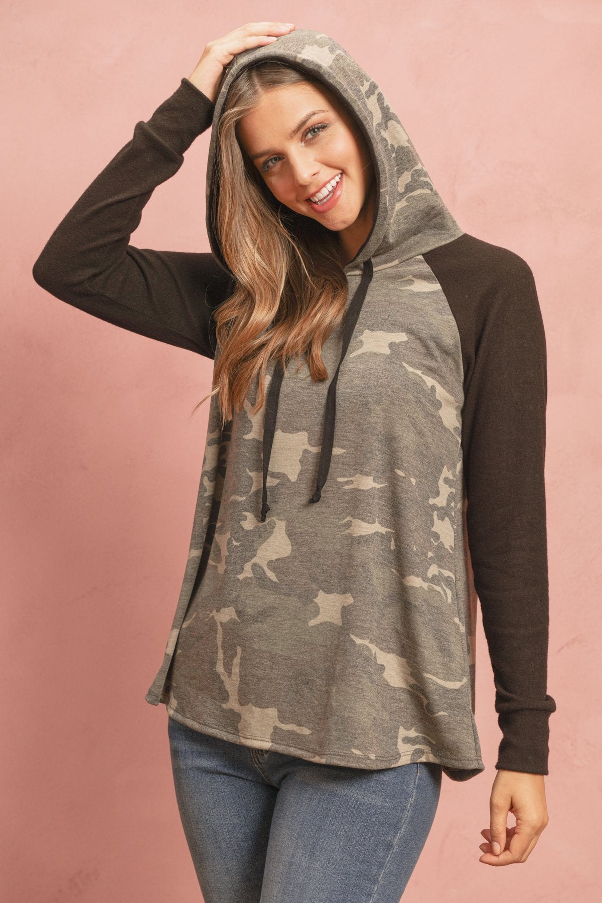 Camouflage Hacci Hoodie with Contrast Sleeves & Drawstrings