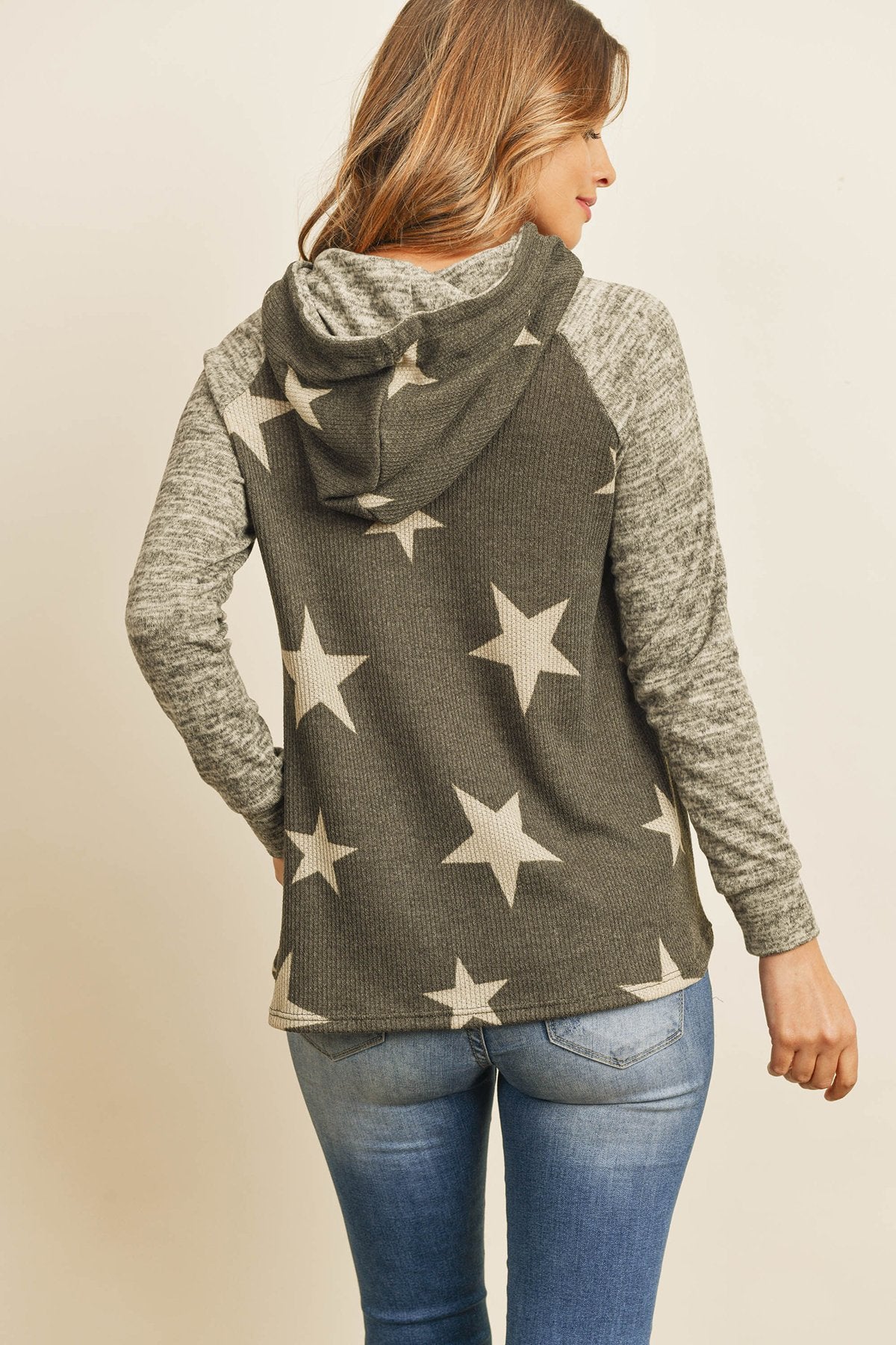 Star Print Brushed Hacci Hoodie with Ribbed Sleeve Detail and Drawstring